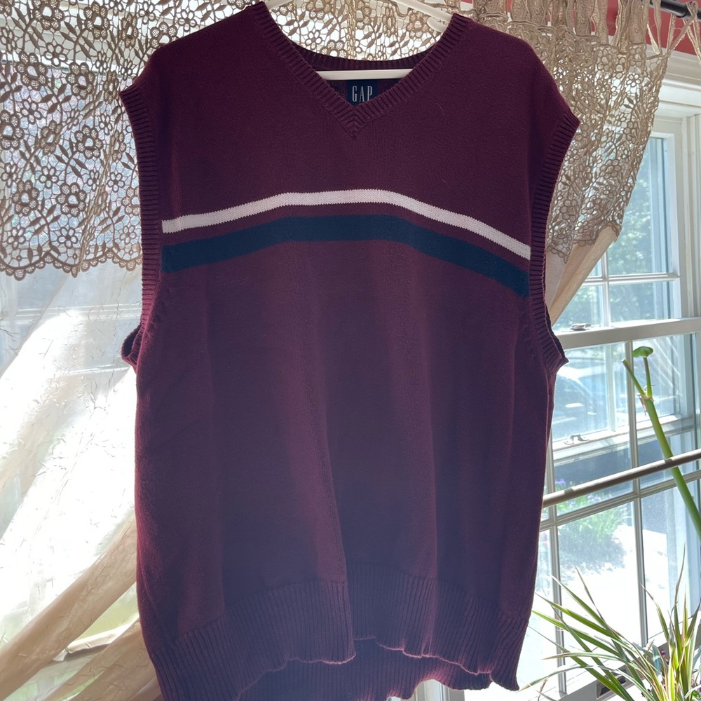 Maroon sweater vest with stripes